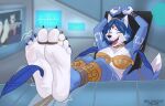 anthro armor bdsm blurred_background blush bodily_fluids claws collar crying_laughing cuff_(restraint) digit_ring feathers feet female foot_fetish futuristic handcuffs hi_res jewelry krystal_(star_fox) laugh melonvino metal_cuffs nintendo restraints ring rope solo spacecraft star_fox tears tickling tickling_feet toe_ring toes vehicle wolf_o&#039;donnell