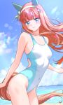  1girl absurdres animal_ears beach blue_eyes blue_sky blush breasts brown_hair cloud day ear_covers hairband highres horizon horse_ears horse_girl horse_tail kakikakilemon long_hair looking_at_viewer ocean one-piece_swimsuit orange_hair outdoors sand silence_suzuka_(umamusume) sky smile solo swimsuit tail umamusume water white_hairband white_one-piece_swimsuit 