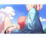  1girl bare_shoulders bikini blonde_hair blue_shirt blue_sky blush breasts closed_mouth cloud cloudy_sky commentary day eyes_out_of_frame hair_ribbon hashtag-only_commentary head_out_of_frame highres large_breasts lycoris_recoil lying multicolored_bikini nii_manabu nishikigi_chisato on_back outdoors red_ribbon ribbon shirt short_hair sky smile solo swimsuit two-tone_bikini 