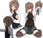  1girl bike_shorts bike_shorts_under_skirt black_shirt brown_eyes brown_hair chibi collar covered_navel grey_skirt headgear kantai_collection long_sleeves metal_collar multiple_views neju shirt short_hair short_hair_with_long_locks shorts shorts_under_skirt simple_background sitting skirt taihou_(kancolle) taihou_kai_(kancolle) upper_body wariza white_background 