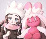  2girls ansha_(pokemon) black_hair blue_eyes child closed_mouth colored_skin commentary_request eyelashes hat highres multiple_girls pink_scarf pink_skin pokemon pokemon_(creature) pokemon_legends:_z-a scarf sitting smile thick_eyebrows tinkaton tori_(torisan_pokemon) white_hat 
