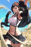  5tatsu abs artist_name black_bra black_gloves black_hair black_skirt black_thighhighs bra breasts cowboy_shot crop_top desert earrings elbow_gloves fighting_stance final_fantasy final_fantasy_vii final_fantasy_vii_rebirth final_fantasy_vii_remake fingerless_gloves gloves highres jewelry large_breasts long_hair low-tied_long_hair midriff miniskirt navel outdoors outstretched_hand parted_lips red_eyes shirt single_vambrace skirt sleeveless sleeveless_shirt sports_bra suspenders thighhighs tifa_lockhart underwear vambraces 