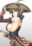  bare_shoulders bracelet breasts brown_hair elbow_gloves fingerless_gloves gloves hat jewelry kizuki_aruchu large_breasts monster_hunter monster_hunter_portable_3rd open_mouth pouch purple_eyes short_hair sideboob simple_background solo sword weapon yukumo_(armor) 