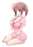  :o bad_id bad_pixiv_id barefoot blue_eyes bow breasts brown_hair cleavage copyright_request hair_bow hiroichi large_breasts pink_skirt simple_background sitting skirt solo twintails yokozuwari 