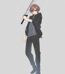  1boy aged_up ah_yoshimizu black_jacket black_pants black_shoes blue_eyes blue_shirt brown_hair denzel_(ff7) final_fantasy final_fantasy_vii final_fantasy_vii:_advent_children foot_out_of_frame grey_background hair_between_eyes highres holding holding_sword holding_weapon hood hood_down hooded_jacket jacket looking_at_viewer male_focus open_clothes open_jacket pants serious shirt shoes short_hair short_sleeves solo standing sword weapon wide_sleeves 