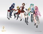  4girls aqua_eyes bare_shoulders blonde_hair blue_eyes blue_hair boots bracelet brother_and_sister brown_hair chair detached_sleeves dress formal green_eyes green_hair hair_ornament hair_ribbon hairband hairclip hand_on_hip hatsune_miku headphones headset high_heels instrument jacket jewelry kagamine_len kagamine_rin kaito keyboard_(instrument) leaning legs long_hair looking_back megurine_luka meiko microphone multiple_boys multiple_girls navel necktie open_mouth pink_hair redjuice ribbon shirt shoes short_hair siblings sitting skirt sleeveless sleeveless_shirt smile thigh_boots thighhighs track_jacket twins twintails very_long_hair violin vocaloid zettai_ryouiki 