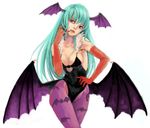  animal_print bare_shoulders bat_print bat_wings breasts cleavage cowboy_shot demon_girl elbow_gloves fangs gloves green_hair hand_on_hip head_wings large_breasts leotard long_hair morrigan_aensland orange_gloves pantyhose print_legwear purple_wings red_eyes solo succubus tetsuko_(jukai) vampire_(game) wings 