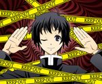  adachi_tooru bad_id bad_pixiv_id black_eyes black_hair caution_tape keep_out kumagawa_misogi male_focus medaka_box one_eye_closed persona persona_4 solo soritari 