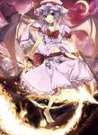  barefoot bat_wings chain crescent_moon dress feet fire flying hat highres moon muso-comet pocket_watch purple_hair red_eyes remilia_scarlet ruins smile solo spear_the_gungnir touhou watch wings 