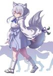  1girl alternate_legwear animal_ears blue_skirt blush bow bowtie fur_collar grey_hair hair_between_eyes high-waist_skirt highres japanese_clothes kemono_friends kosai_takayuki long_sleeves looking_at_viewer makami_(kemono_friends) multicolored_hair purple_bow purple_bowtie sandals shirt short_hair short_hair_with_long_locks sidelocks skirt smile socks solo tail walking white_fur white_hair white_shirt white_socks wolf wolf_ears wolf_girl wolf_tail yellow_eyes 