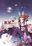  animal_ears barefoot brown_hair bunny bunny_ears earth face fish flower food full_moon goldfish hair_flower hair_ornament hairpin japanese_clothes kimono kine mallet mochi mochitsuki moon moon_rabbit obi off_shoulder original planet purple_eyes sash sitting snow_bunny soaking_feet solo star tearfish wagashi water 