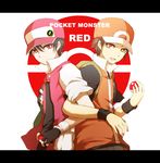  alternate_costume artist_request backpack bag baseball_cap brown_hair dual_persona fingerless_gloves gloves grey_hair hat holding holding_poke_ball jacket leaf letterboxed male_focus multiple_boys open_clothes open_jacket orange_eyes pixiv_red poke_ball pokemon pokemon_(game) pokemon_frlg pokemon_rgby red_(pokemon) red_(pokemon_frlg) red_(pokemon_rgby) red_eyes smile wristband 