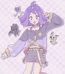  1girl :o acerola_(pokemon) banette blush_stickers chibi chibi_inset drifloon flipped_hair gold_trim grey_shorts grey_sweater highres looking_at_viewer mimikyu navel open_mouth pokemon pokemon_(creature) pokemon_sm purple_background purple_eyes purple_hair remoooon see-through_clothes see-through_sleeves short_hair shorts simple_background solo_focus standing stitches sweater topknot upper_body w 