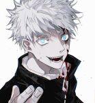  1boy :d absurdres black_jacket blood blood_on_clothes blood_on_face blood_on_hands blue_eyes chinese_commentary colored_eyelashes fangs gojou_satoru hand_up high_collar highres jacket jujutsu_kaisen long_sleeves looking_at_viewer male_focus nidexintu open_mouth portrait shirt short_hair simple_background smile solo teeth upper_body white_background white_eyelashes white_hair white_shirt 