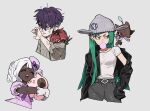  aged_down angry animal_on_shoulder blood blowing_bubble_gum bow chewing_gum cleffa corbeau_(pokemon) dirty dirty_face dress ear_piercing frills gloves green_hair grey_shirt hand_on_own_hip happy hat highres holding hug jacinthe_(pokemon) jacket knit_hat leather leather_jacket lebanne_(pokemon) nosebleed open_mouth piercing pkmnrkgk pokemon pokemon_legends:_z-a purple_bow purple_dress purple_hair purple_hat shirt short_sleeves skrelp tears undercut venipede white_gloves white_hair white_shirt wiping_face yellow_eyes 