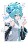  1girl 1other absurdres aqua_hair aqua_necktie bare_shoulders black_sleeves blue_bow blue_eyes blush bow breasts cinnamiku cinnamoroll collared_shirt commentary creature detached_sleeves ear_bow finger_heart folded_twintails fuwa_fuwa_cinnamoroll fuwamura grey_shirt hair_between_eyes hair_bow hair_ornament hatsune_miku heart highres long_hair looking_at_viewer necktie parted_lips sanrio shirt sleeveless sleeveless_shirt small_breasts upper_body vocaloid 