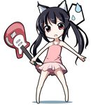  animal_ears black_hair brown_eyes casual_one-piece_swimsuit cat_ears chibi fang guitar highres instrument k-on! ms-07-b3 nakano_azusa one-piece_swimsuit pink_swimsuit solo swimsuit twintails 