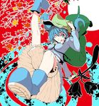  ;q backpack bag bloomers blue_eyes blue_hair boots face hair_bobbles hair_ornament hand_on_headwear hat kawashiro_nitori key leg_lift one_eye_closed rubber_boots sabiirodoramu short_hair solo tongue tongue_out touhou twintails two_side_up underwear 