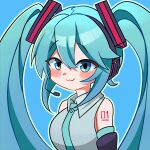  1girl :3 absurdres aqua_eyes aqua_hair aqua_necktie blue_background blush charuu closed_mouth detached_sleeves grey_shirt hair_ornament hatsune_miku headset highres long_hair looking_at_viewer necktie outline shirt sleeveless sleeveless_shirt smile solo twintails upper_body vocaloid 