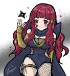  1girl asymmetrical_legwear black_scarf bodystocking breasts chizuru752830fe cleavage facial_mark fire_emblem fire_emblem_engage fire_emblem_heroes fishnet_bodystocking fishnet_thighhighs fishnets highres large_breasts ninja official_alternate_costume red_eyes red_hair scarf shuriken shuriken_hair_ornament solo star_(symbol) star_facial_mark thighhighs thighs weapon yunaka_(fire_emblem) yunaka_(stealthy_imitator)_(fire_emblem) 
