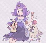  1girl :3 :p acerola_(pokemon) armlet blush_stickers candy dress flipped_hair food grey_background hat highres jewelry looking_at_another looking_at_viewer mimikyu pokemon pokemon_(creature) pokemon_sm purple_dress purple_eyes purple_hair remoooon sand sandygast short_hair shovel simple_background sitting stitches tongue tongue_out topknot torn_clothes torn_dress trowel upper_body witch_hat 