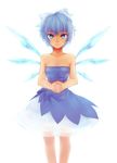  bad_id bad_pixiv_id bare_shoulders blue_eyes blue_hair bow cirno dress hair_bow hands highres meimone older see-through short_hair smile solo touhou wings 