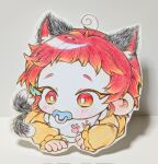  1girl aged_down ahoge animal_ears baby blush bright_pupils cat_ears cat_girl cat_tail extra_ears gradient_eyes highres kaenbyou_rin karyuu_(raoz) multicolored_eyes multiple_tails pacifier paw_print red_eyes solo tail touhou traditional_media two_tails white_pupils 