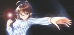  akizuki_ritsuko antenna_hair brown_eyes brown_hair glasses highres idolmaster idolmaster_(classic) lens_flare shirt solo striped striped_shirt vertical-striped_shirt vertical_stripes yuki_usagi_(mofurafu) 