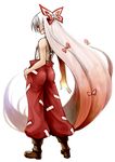  absurdly_long_hair ass bikini_top boots bow from_behind fujiwara_no_mokou full_body hair_bow highres long_hair no_shirt ofuda pants phenne red_eyes sidelocks solo standing suspenders touhou very_long_hair white_hair 