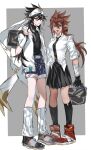  2girls :d absurdres ahoge anmicius aotu_world bag bandaged_arm bandages bandana belt black_bag black_gloves black_hair black_necktie black_shirt black_shoes black_skirt black_socks blue_shorts breasts brown_hair chinese_commentary closed_mouth collared_shirt fingerless_gloves full_body genderswap genderswap_(mtf) gloves green_eyes grey_background grey_belt hair_between_eyes hair_ribbon headband highres holding holding_bag holding_strap hood hood_down hooded_jacket jacket liaoxiaoyan0919 long_hair looking_at_viewer loose_socks low_ponytail medium_breasts multiple_girls necktie open_clothes open_jacket open_mouth pleated_skirt pointy_ears ponytail print_headband purple_eyes ray_(aotu_world) red_ribbon red_shoes ribbon school_bag school_uniform shirt shoes short_sleeves shorts sidelocks simple_background skirt smile sneakers socks spiked_hair standing star_(symbol) star_print turtleneck white_gloves white_headband white_jacket white_shirt white_socks 