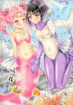  2girls absurdres air_bubble alternate_costume besanten bikini bikini_top_only bishoujo_senshi_sailor_moon black_hair blush breasts bubble cameltoe chibi_usa choppy_bangs circlet closed_mouth collarbone commentary_request coral covered_nipples crop_top cropped_shirt curtained_hair double_bun eye_contact fins fish full_body hair_bun head_fins highres jewelry linea_alba long_hair looking_at_another marker_(medium) medium_breasts mermaid_costume monofin multiple_girls navel necklace open_mouth pink_bikini pink_eyes pink_hair purple_eyes sailor_chibi_moon sailor_saturn shirt short_hair smile stomach swimsuit tomoe_hotaru traditional_media twintails underwater white_shirt 
