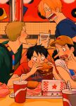  4boys allout arm_up baseball_cap black_eyes black_hair blonde_hair blue_shirt brown_hat burger casual commentary contemporary crew_neck cup curly_eyebrows curly_hair disposable_cup drinking_straw eating empty_food_container eye_contact eyelashes food food_in_mouth food_on_face food_wrapper french_fries green_hair green_shirt hat highres holding holding_cup holding_food looking_at_another male_focus medium_hair monkey_d._luffy multiple_boys one_piece open_mouth parted_bangs print_shirt red_shirt roronoa_zoro sanji_(one_piece) scar scar_on_cheek scar_on_face shirt short_hair short_sideburns short_sleeves sitting star_(symbol) straw_hat symbol-only_commentary t-shirt teeth tile_wall tiles tongue unworn_hat unworn_headwear usopp 