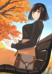  1girl alternate_costume autumn autumn_leaves bag bench black_hair black_sweater blue_sky blush brown_eyes commentary_request day haguro_(kancolle) hair_ornament high-waist_skirt kantai_collection leaf long_sleeves looking_at_viewer orange_skirt outdoors park_bench short_hair sitting skirt sky smile solo sweater tomoyo_kai tree 