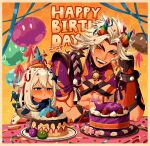  1boy 1girl 2025 abs arataki_itto birthday_cake blowing_candle blush border cake colored_inner_hair commentary_request fangs food forked_eyebrows genshin_impact grey_border happy_birthday hat highres horns link_rui long_hair looking_at_viewer mismatched_eyebrows multicolored_hair onikabuto_(genshin_impact) open_mouth paimon_(genshin_impact) party_hat pectorals red_eyes red_hair size_difference smile teeth thick_eyebrows twitter_username two-tone_hair vision_(genshin_impact) white_hair 