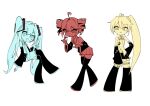  3girls ahoge akita_neru bare_shoulders boots detached_sleeves drill_hair hair_ornament hatsune_miku highres invisible_chair kasane_teto kasane_teto_(utau) long_hair long_sleeves looking_at_viewer mijeogsim_(pixiv_121161005) miniskirt multiple_girls multiple_monochrome necktie open_mouth pleated_skirt side_ponytail simple_background sitting skirt thigh_boots triple_baka_(vocaloid) twin_drills twintails utau very_long_hair vocaloid white_background 
