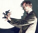  1boy black_background black_eyes black_hair black_jacket cigarette ctkcave facial_hair goatee jacket looking_at_viewer male_focus mature_male mustache open_clothes open_jacket original parted_bangs parted_hair shadow shadow_puppet simple_background smoking solo spotlight sweater turtleneck turtleneck_sweater upper_body white_sweater 