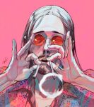  1boy black_hair blowing_smoke cigarette collared_shirt ctkcave double_ok_sign facial_hair floral_print_shirt glasses goatee holding holding_cigarette long_hair male_focus mature_male mustache ok_sign old old_man open_mouth original parted_hair pink_background portrait red-tinted_eyewear round_eyewear shirt simple_background smoking solo tinted_eyewear white-framed_eyewear yellow_shirt 