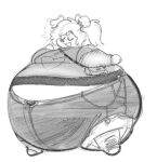 2025 ambiguous_gender anthro belt bottomwear butt canid canine canis clothing denim denim_bottomwear denim_clothing denim_shorts domestic_dog eyes_closed hair inflation mammal monobutt open_mouth ponytail purse shorts sketch spherical_inflation synthosad