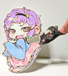  1girl black_hairband black_hat blue_shirt blush bright_pupils cat chibi commentary_request fang floral_print frilled_skirt frills full_body hairband hat heart horizontal_pupils kaenbyou_rin kaenbyou_rin_(cat) karyuu_(raoz) komeiji_satori long_sleeves looking_at_viewer multiple_tails open_mouth photo_(medium) pink_skirt purple_hair rose_print shirt short_eyebrows short_hair skirt sweat tail touhou traditional_media two_tails white_pupils 