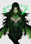 1girl black_hair bodysuit breasts cam_the_art_guy center_opening cleavage commentary earrings english_commentary evil_smile green_bodysuit green_eyes hela_(marvel) highres jewelry large_breasts long_hair looking_at_viewer marvel open_mouth smile solo thor:_ragnarok thor_(marvel)_(series) watermark 