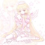  1girl angel_wings atashi_(chobits) blonde_hair blunt_bangs bow bow_on_wing chii chobits choker collarbone expressionless fake_halo fake_wings frilled_skirt frilled_sleeves frills full_body fur_halo garter_straps hair_bow halo highres holding juliet_sleeves long_hair long_sleeves looking_down low_twintails mary_janes miniskirt mipi_(u3u_00) multiple_hair_bows no_pupils outline pink_background pink_bow pink_footwear pink_shirt puffy_sleeves ribbon ribbon_choker shirt shoes sitting skirt sleeve_bow solo straight_hair thighhighs twintails very_long_hair wariza white_choker white_halo white_outline white_ribbon white_skirt white_thighhighs white_wings wings yellow_eyes zoom_layer 