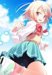  bike_shorts blonde_hair blush cloud day flat_chest gaku_buru hair_ornament hairclip komone_ushio miniskirt ribbon school_uniform short_hair skirt sky smile socks solo striped striped_legwear upskirt yellow_eyes 