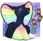 2024 5_fingers anthro artist_logo artist_name black_body black_eyebrows black_scales breasts bust_portrait card claws cobra colored dated digital_drawing_(artwork) digital_media_(artwork) english_description english_text eye_scar eyebrows eyelashes facial_scar female finger_claws fingers forked_tongue grey_hand hi_res iridiana_(startrinrose) light lighting logo looking_at_viewer maticdesigns multicolored_body multicolored_scales multicolored_tongue non-mammal_breasts one_eye_closed outline portrait purple_background purple_eyelashes purple_eyes rainbow_body rainbow_hood rainbow_scales rainbow_tongue reptile scales scalie scar shaded simple_background smile smiling_at_viewer snake snake_hood solo tarot tarot_card text tongue white_claws white_outline