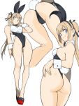  1girl absurdres animal_ears ass black_leotard blonde_hair blue_eyes breasts dead_or_alive dead_or_alive_5 fake_animal_ears fake_tail full_body highleg highleg_leotard highres leotard long_hair looking_at_viewer marie_rose multiple_views platform_footwear platform_heels playboy_bunny rabbit_ears rabbit_tail simple_background small_breasts tail toshinoshin twintails two-tone_leotard white_background wrist_cuffs 