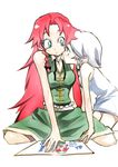  alternate_costume bad_id bad_pixiv_id bare_shoulders braid china_dress chinese_clothes dress green_eyes hong_meiling izayoi_sakuya kneeling long_hair multiple_girls no_hat no_headwear red_hair ribbon short_hair silver_hair tima touhou 