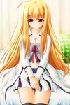  artist_request blonde_hair blush copyright_request cross highres long_hair navel red_eyes sitting solo thighhighs very_long_hair 