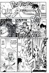  1girl beam_rifle chibi comic dress energy_gun explosion explosive grenade greyscale gun gundam gundam_wing handgun hard_translated heero_yuy highres long_hair mecha monochrome relena_peacecraft translated weapon 