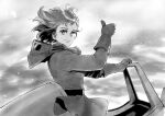  1girl ahn_dongshik aircraft aviator_cap belt belt_buckle breasts buckle closed_mouth crooked_smile derivative_work earrings flight_goggles gloves greyscale hand_on_window hat jewelry kaze_no_tani_no_nausicaa light_smile looking_at_viewer looking_to_the_side mask monochrome mouth_mask nausicaa oxygen_mask screenshot_redraw short_hair sky solo teardrop_earrings thumbs_up tunic unworn_hat unworn_headwear unworn_mask upper_body wind 
