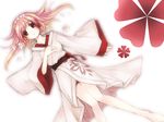  barefoot brown_eyes flower hairband japanese_clothes kimono kuratsuka_riko lying on_back original pink_hair sketch solo yukata 