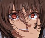  1girl agnes_tachyon_(umamusume) brown_hair clenched_teeth graviton_beam_emitter grin hand_on_own_face nazuka_(mikkamisaki) red_eyes sanpaku smile solo teeth umamusume 